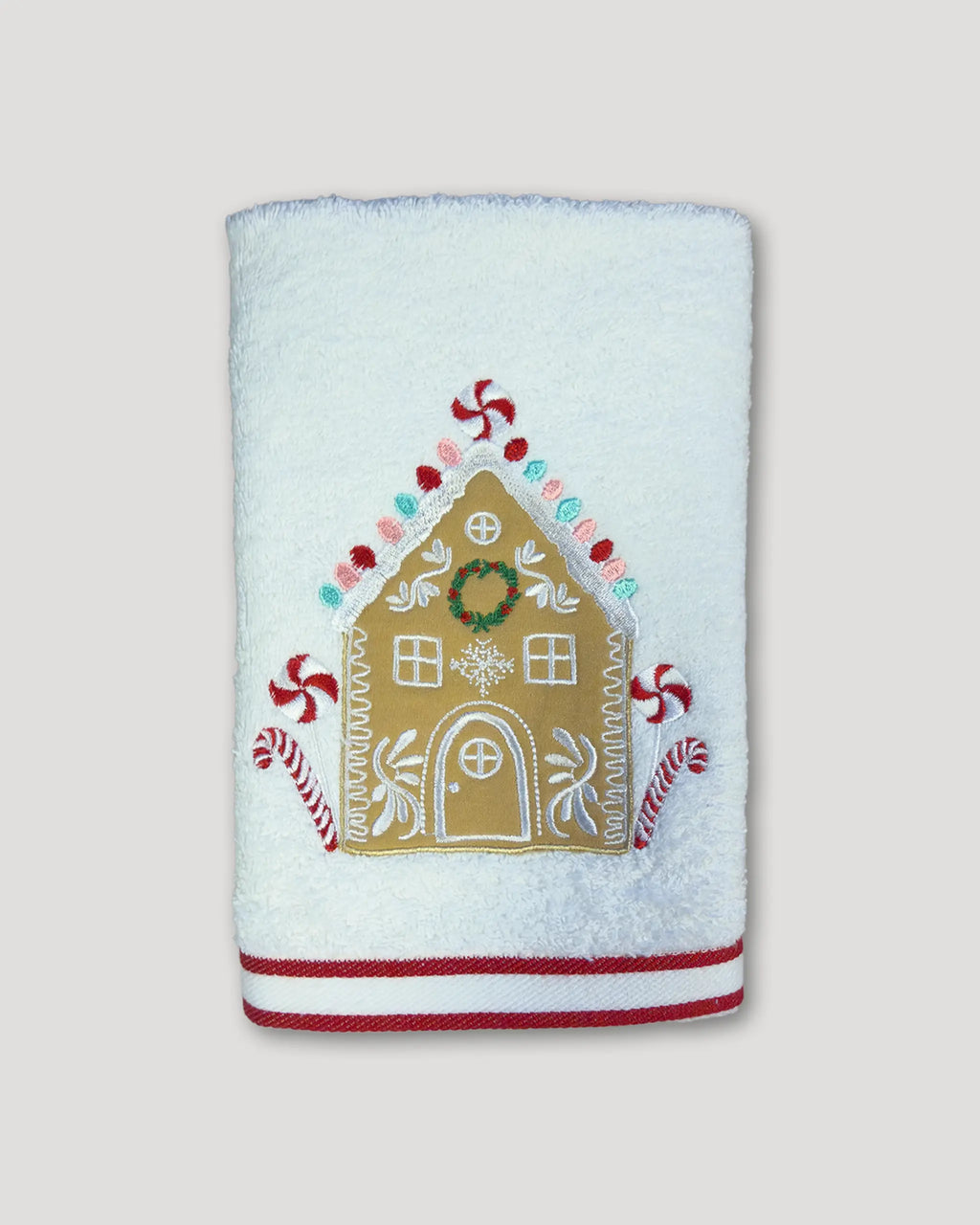 Weihnachtshandtuch – 2er-Set, weiss mit Lebkuchenhaus-Stickerei