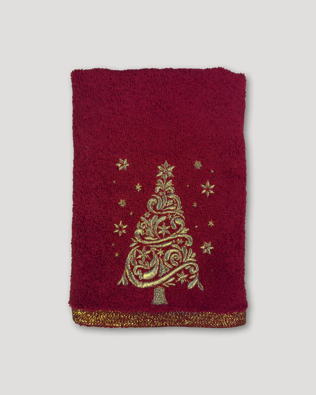 Weihnachtshandtuch – 2er-Set, Tannenbaum Goldstickerei, rot
