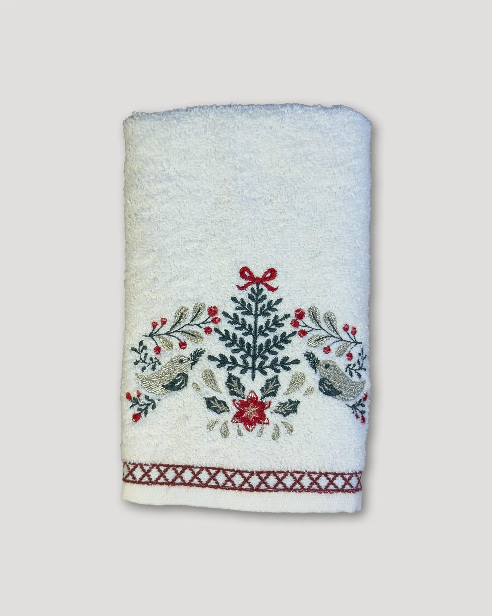 Weihnachtshandtuch – 2er-Set, Winterliche Vögel & Tannenzweig, weiss